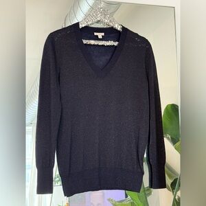 Gap Navy V-Neck With Gold Lurex Plaited Metallic Threaded Sweater